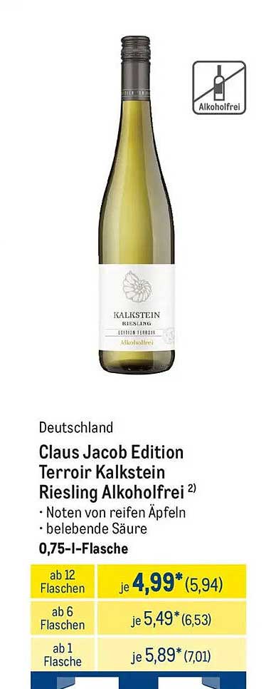 Claus Jacob Edition Terroir Kalkstein Riesling Alkoholfrei 0,75 l-Flasche
