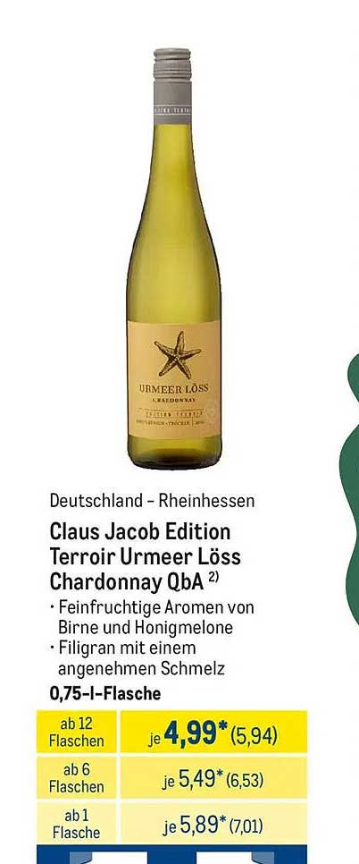 Claus Jacob Edition Terroir Urmeer Löss Chardonnay QbA 0,75 l-Flasche