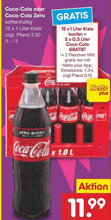 Coca-Cola oder Coca-Cola Zero 12 x 1 Liter Kiste – Aktionspreis!