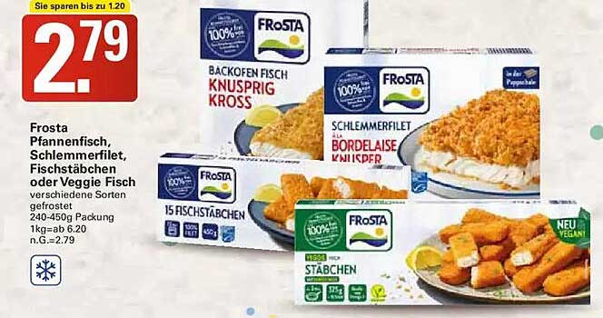 Frosta Pfannenfisch, Schlemmerfilet, Fischstäbchen oder Veggie Fisch