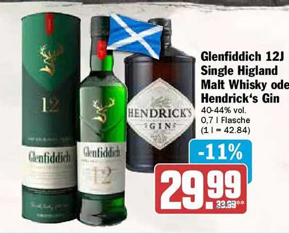 Glenfiddich 12J Single Higland Malt Whisky oder Hendrick's Gin
