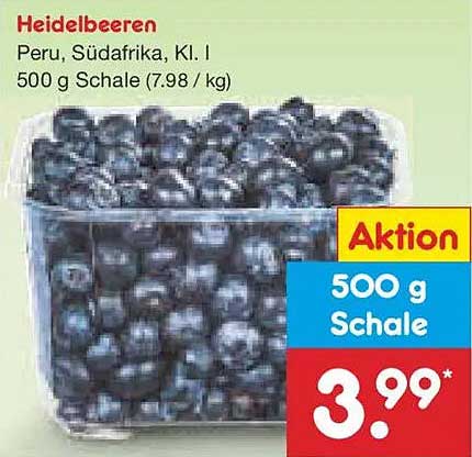 Heidelbeeren, Peru, Südafrika, Kl. I - 500 g Schale (7,98 / kg)