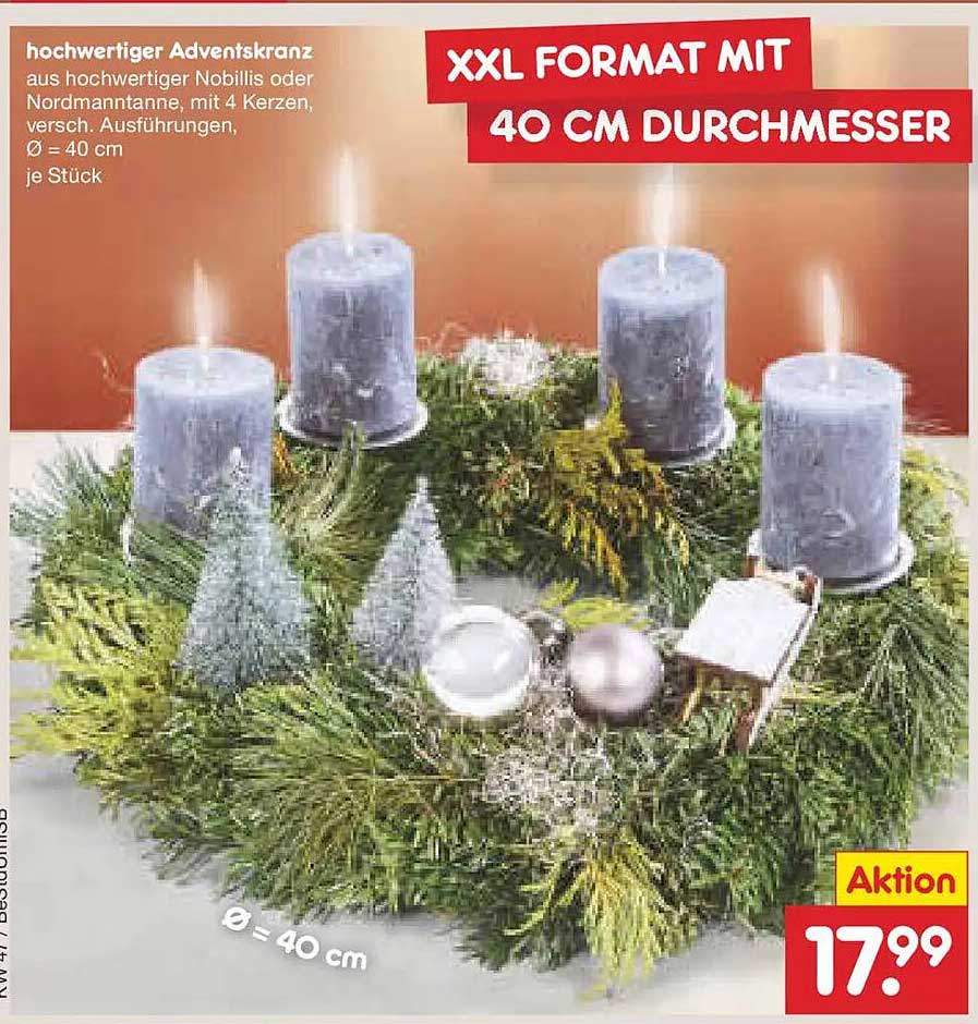 Hochwertiger Adventskranz mit 4 Kerzen und XXL Format 40 cm Durchmesser