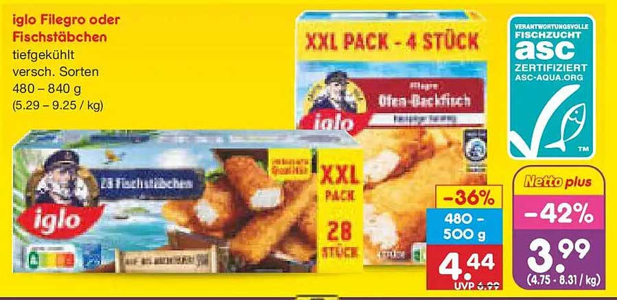 iglo Filegro oder Fischstäbchen tiefgekühlt - verschiedene Sorten