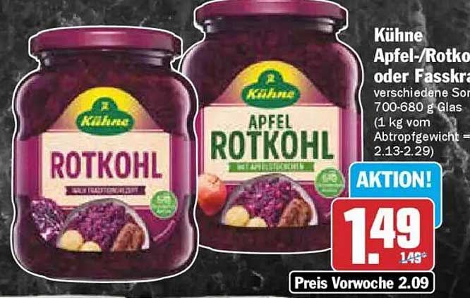 Kühn's Apfel-/Rotkohl oder Fasskraut 700-680 g Glas