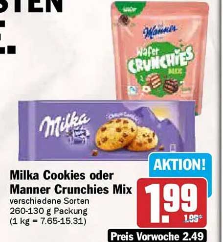 Milka Cookies oder Manner Crunchies Mix 260-130 g Packung
