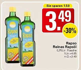 Rapso Reines Rapsöl 0,75 Ltr. Flasche