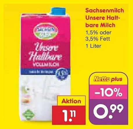 Sachsenmilch Unsere Haltbare Milch 1,5% oder 3,5% Fett 1 Liter