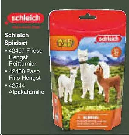 Schleich Spielset: Friese Hengst, Paso Fino Hengst und Alpakafamilie