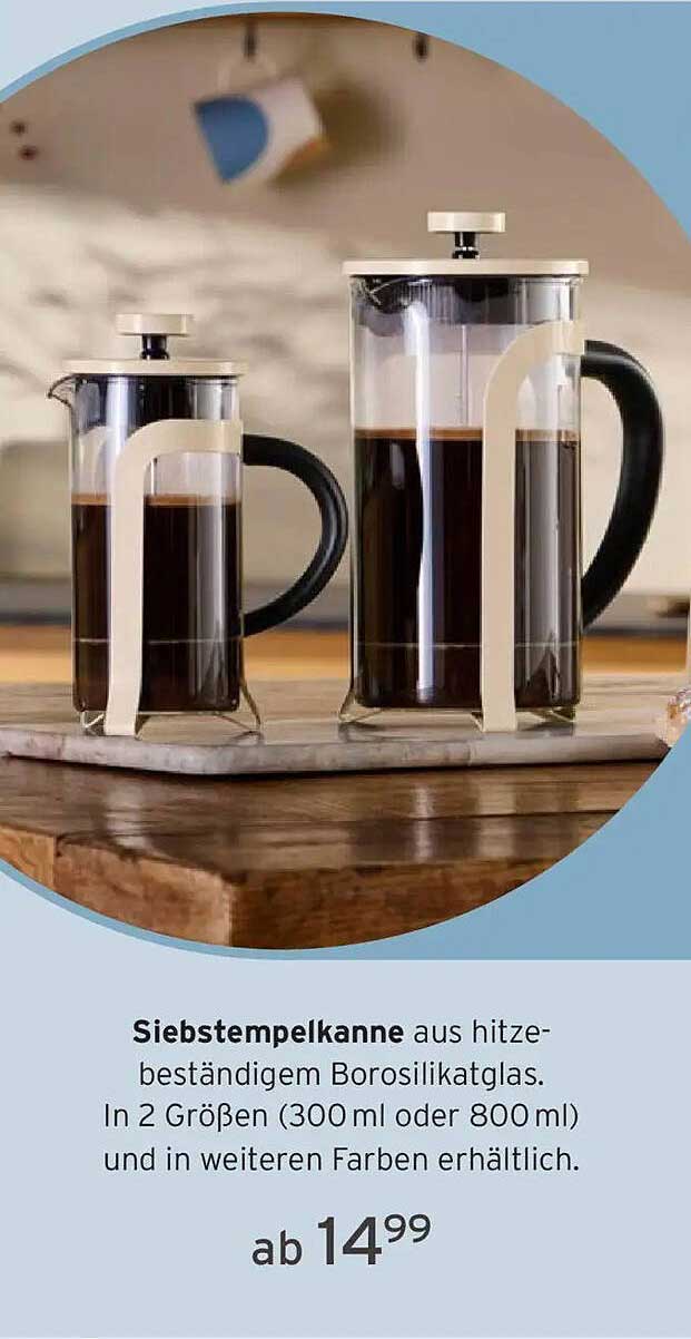 Siebstempelkanne aus hitzebeständigem Borosilikatglas