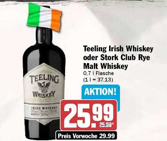 Teeling Irish Whiskey oder Stork Club Rye Malt Whiskey 0,7 l Flasche