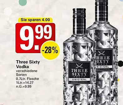 Three Sixty Vodka, verschiedene Sorten, 0,7 L Flasche