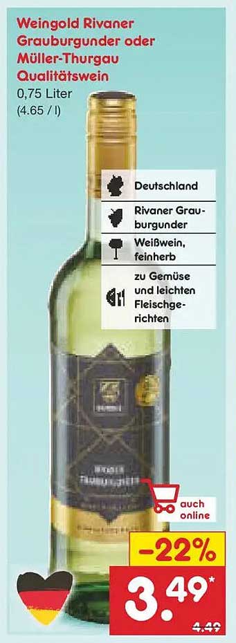 Weingold Rivaner Grauburgunder oder Müller-Thurgau Qualitätswein 0,75 Liter