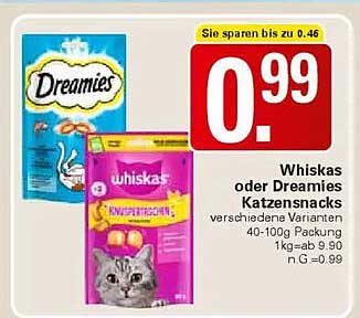 Whiskas oder Dreamies Katzensnacks 40-100g Packung