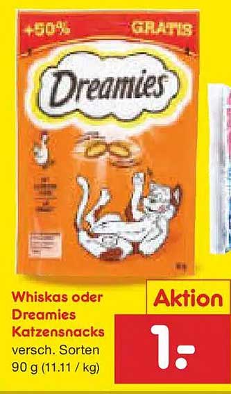 Whiskas oder Dreamies Katzensnacks verschiedene Sorten 90 g