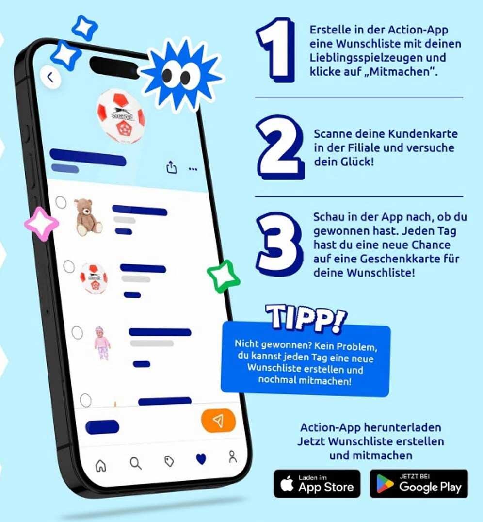 Wunschliste erstellen und gewinnen mit der Action-App!