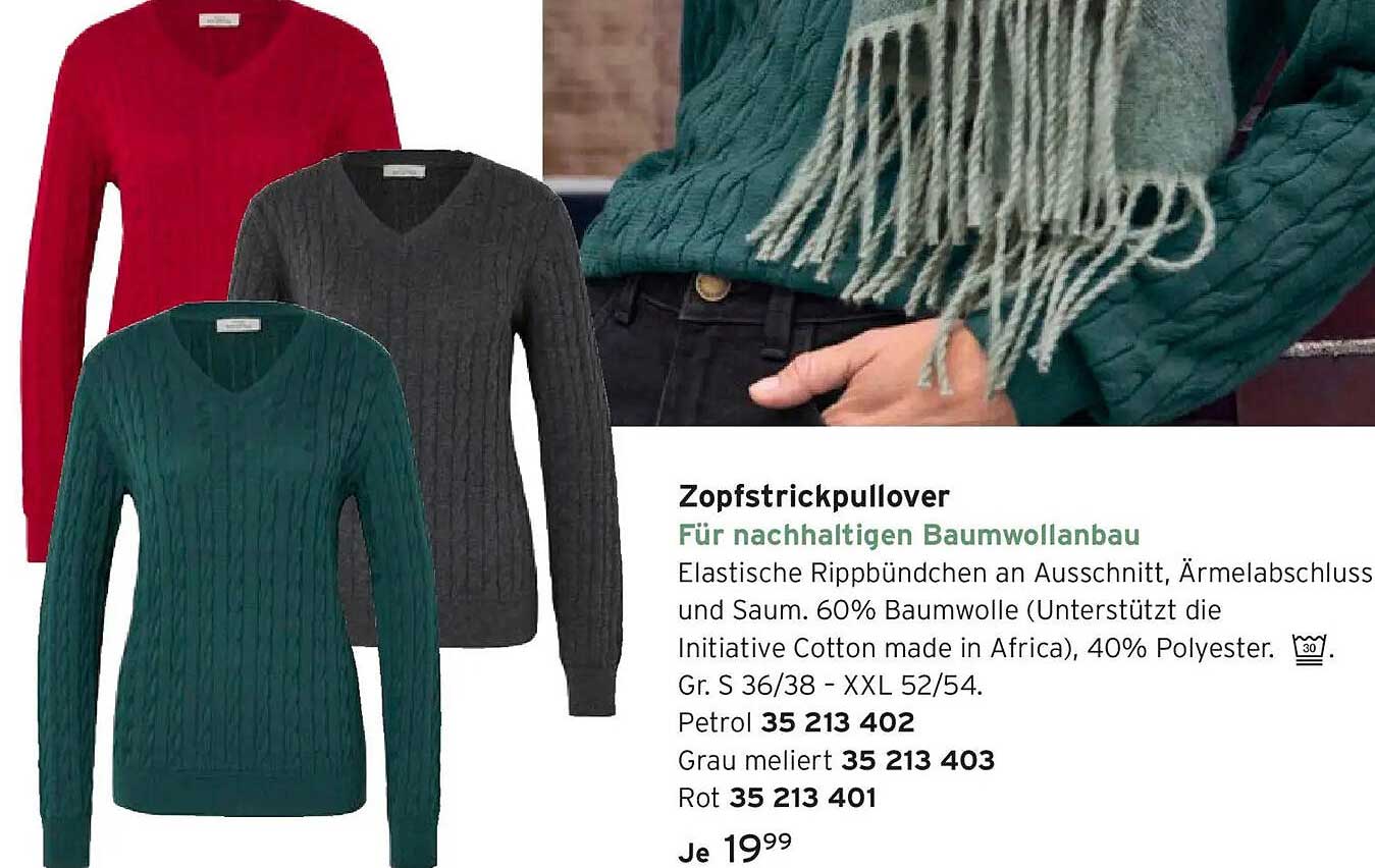 Zopfstrickpullover für nachhaltigen Baumwollanbau