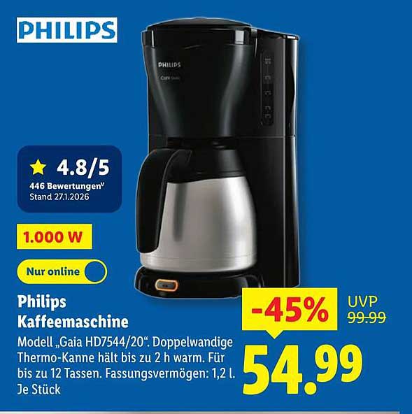 Philips Kaffeemaschine Modell „Gaia HD7544/20“. Doppelwandige Thermo-Kanne hält bis zu 2 h warm. Für bis zu 12 Tassen. Fassungsvermögen: 1,2 L. Je Stück