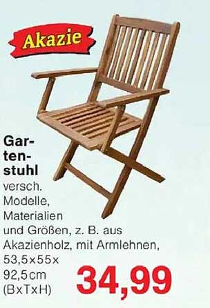 Gartenstuhl verschieden. Modelle, Materialien und Größen, z. B. aus Akazienholz, mit Armlehnen, 53,5x55x92,5cm (BxTxH)
