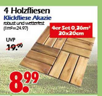 4 Holzfliesen Akazie - Klickfliese robust und wetterfest