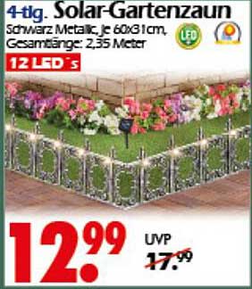 4-tlg. Solar-Gartenzaun schwarz metallic, je 60x31 cm, Gesamtlänge: 2,35 Meter