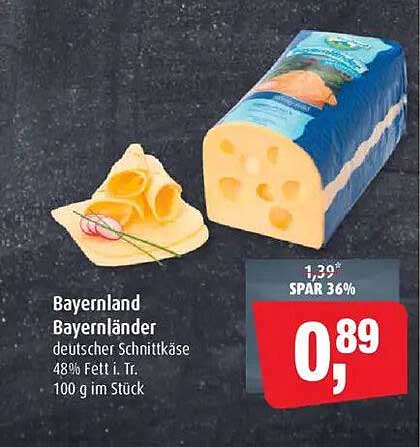 Bayernland Bayernländer – deutscher Schnittkäse 48% Fett i. Tr. – 100 g im Stück