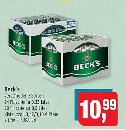 Beck's Bier – 24 Flaschen à 0,33 Liter oder 20 Flaschen à 0,5 Liter