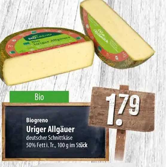 Biogreno Uriger Allgäuer deutscher Schnittkäse 50% Fett i. Tr., 100 g im Stück