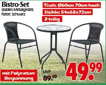 Bistro-Set 2-teilig mit stabilem Metallgestell und Poly-Rattan-Bespannung