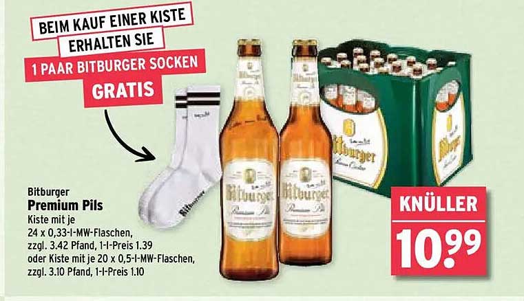 Bitburger Premium Pils Kiste mit 24 x 0,33-l-MW-Flaschen und Gratis Bitburger Socken