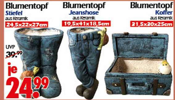 Blumentopf Stiefel, Jeanshose und Koffer aus Keramik – je 24,99