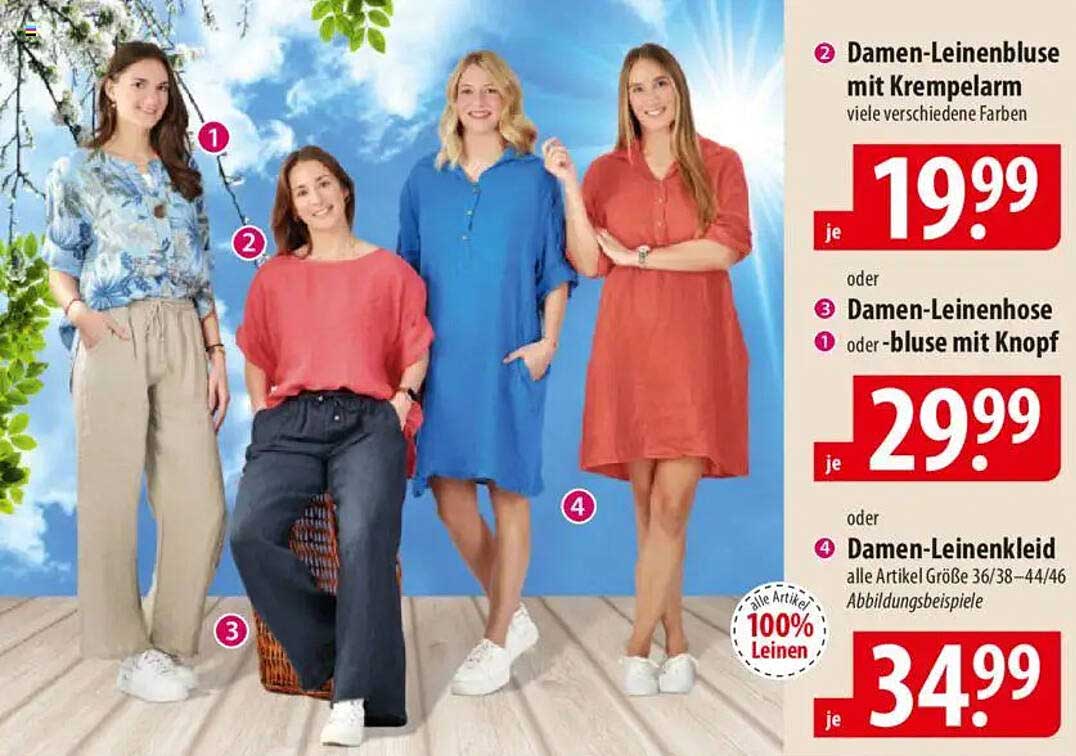 Damen-Leinenbluse mit Krempelarm - viele verschiedene Farben