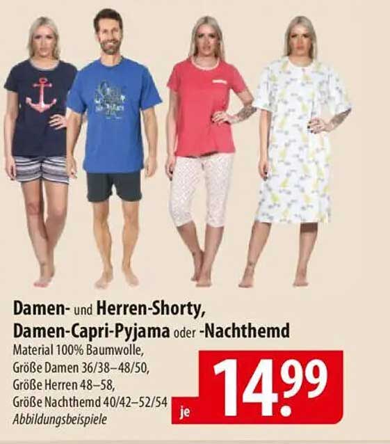 Damen- und Herren-Shorty, Damen-Capri-Pyjama oder -Nachthemd