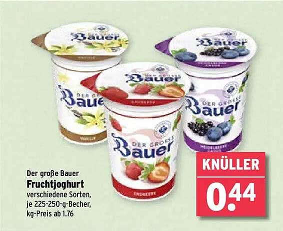 Der große Bauer Fruchtjoghurt verschiedene Sorten, je 225-250-g-Becher, kg-Preis ab 1.76