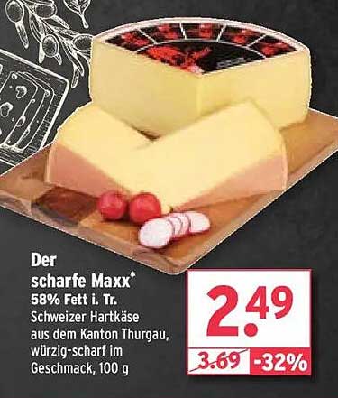 Der scharfe Maxx* 58% Fett i. Tr. Schweizer Hartkäse aus dem Kanton Thurgau, würzig-scharf im Geschmack, 100 g