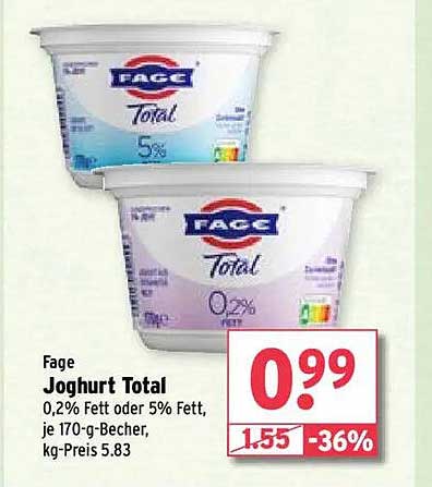 FAGE Joghurt Total 0,2% Fett oder 5% Fett, je 170-g-Becher