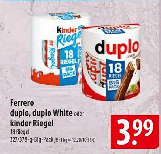 Ferrero duplo, duplo White oder Kinder Riegel - 18 Riegel