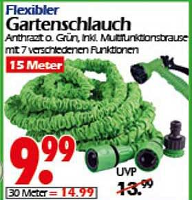 Flexibler Gartenschlauch 15 Meter – Anthrazit oder Grün, inkl. Multifunktionsbrause