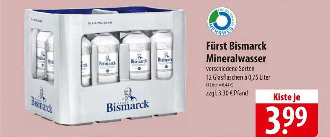 Fürst Bismarck Mineralwasser – verschiedene Sorten (Kiste mit 12 Gläsern à 0,75 Liter)