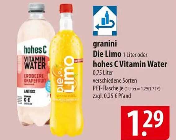 granini Die Limo 1 Liter oder hohes C Vitamin Water 0,75 Liter