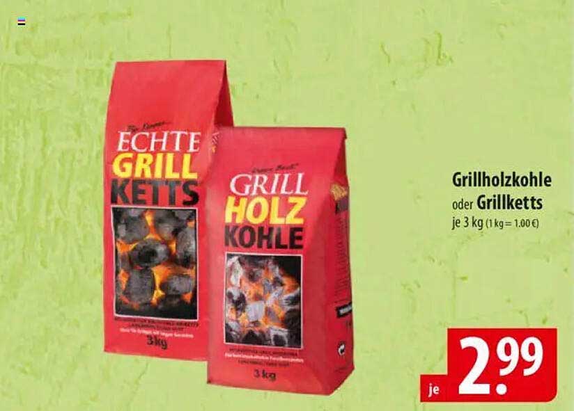 Grillholzkohle oder Grillkettle, je 3 kg (1 kg = 1,00 €)