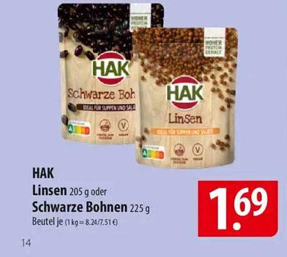 HAK Linsen 205 g oder Schwarze Bohnen 225 g