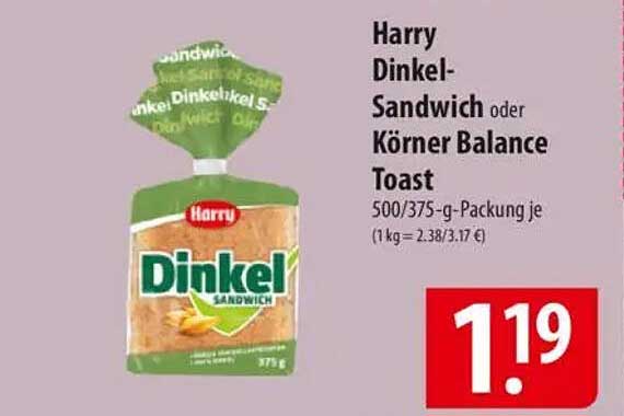 Harry Dinkel-Sandwich oder Körner Balance Toast 375-g-Packung