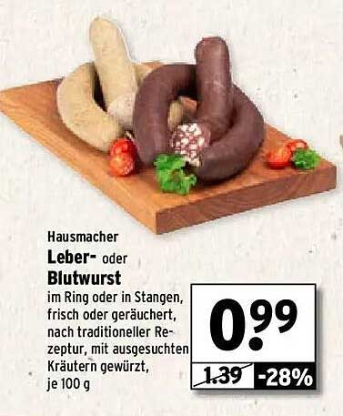 Hausmacher Leber- oder Blutwurst im Ring oder in Stangen, frisch oder geräuchert, je 100 g