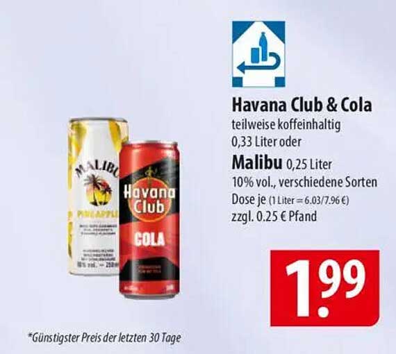 Havana Club & Cola 0,33 Liter oder Malibu 0,25 Liter