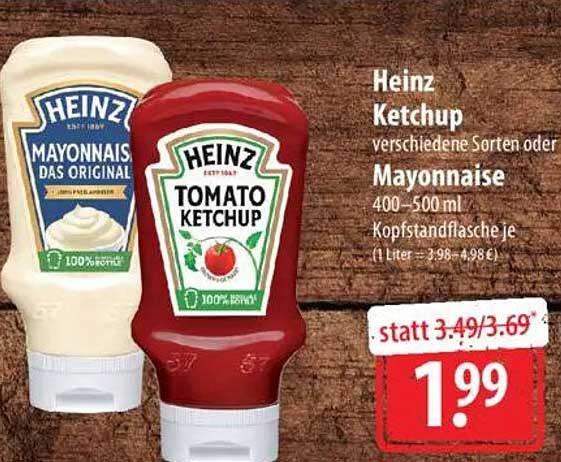 Heinz Ketchup verschiedene Sorten oder Mayonnaise 400-500 ml Kopfstandflasche je