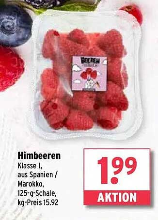 Himbeeren Klasse I, aus Spanien / Marokko, 125-g-Schale