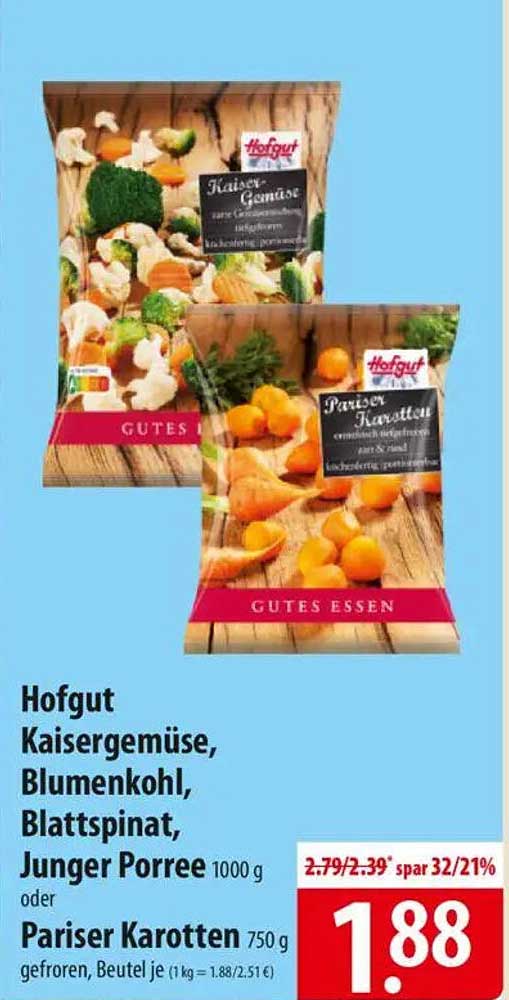Hofgut Kaisergemüse, Blumenkohl, Blattspinat, Junger Porree 1000 g oder Pariser Karotten 750 g