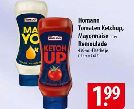 Homann Tomaten Ketchup, Mayonnaise oder Remoulade 430-ml-Flasche je