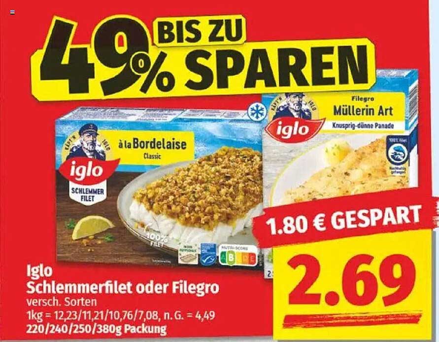 Iglo Schlemmerfilet oder Filegro 380g für nur 2,69 €